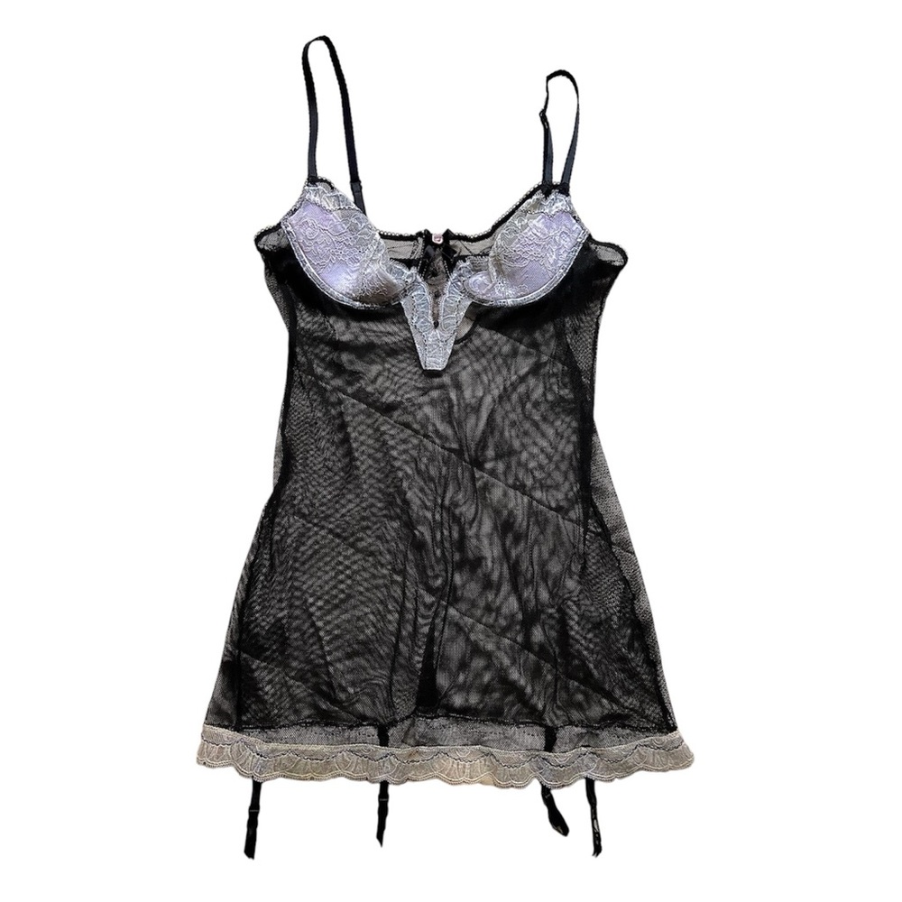 Victoria's Secret Black and White Lace Garter Strap Maid Mini Dress